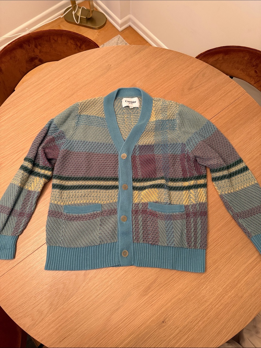 Teal Multi-Stripe Knit Cardigan with Patch Pockets